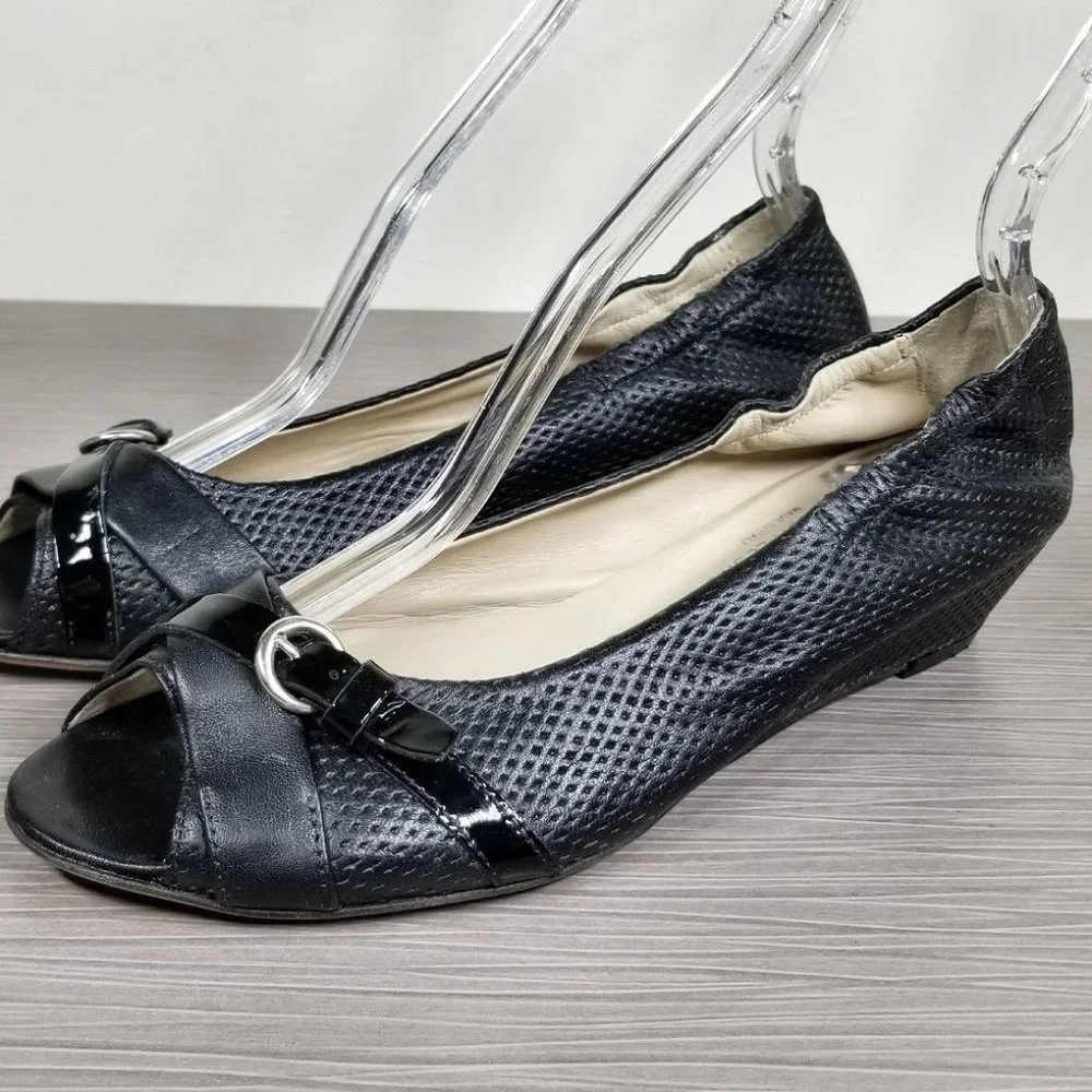 AGL Peep Toe Wedge Pump, Black Perforated Leather, Womens Size 7.5 US / 37.5 - Picture 1 of 12